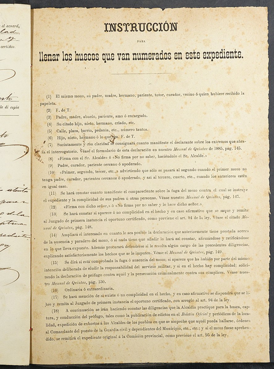 Expediente de declaración de prófugo de Miguel Pérez Pérez, mozo del reemplazo de 1889 de San Pedro del Pinatar.