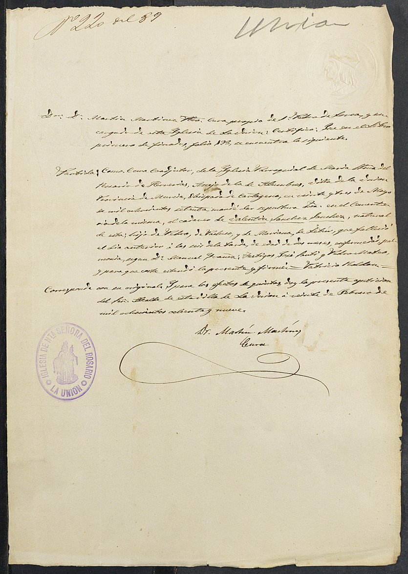 Certificado de defunción de Valentín Sánchez Sánchez para la excepción del servicio militar, mozo del reemplazo de 1889 de La Unión.