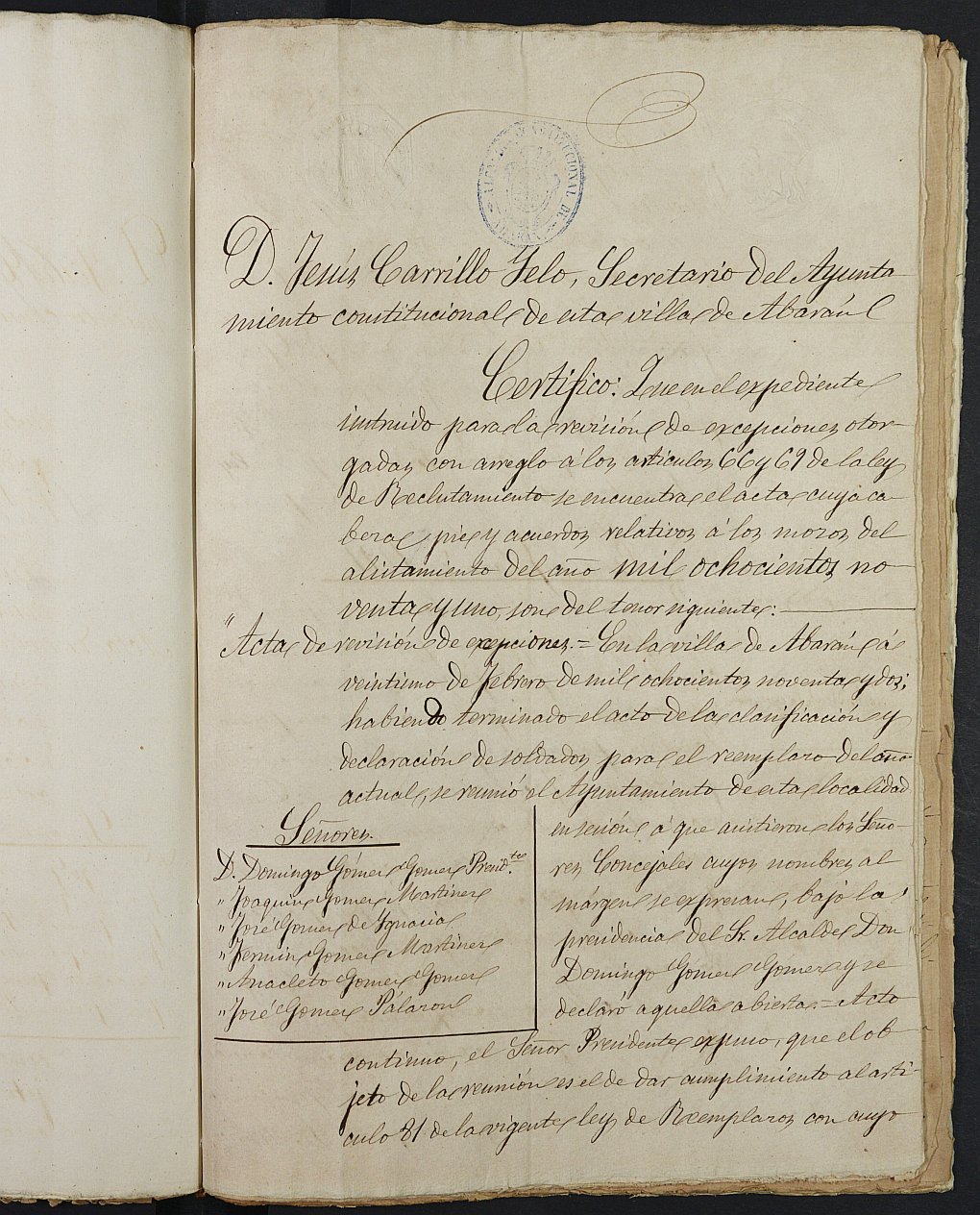 Copia certificada del expediente general de Quintas del Ayuntamiento de Abarán del reemplazo de 1891.