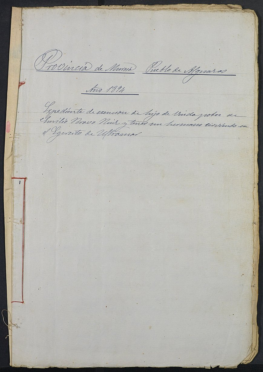 Expediente justificativo de la excepción del servicio militar de Emilio Bravo Ruiz, mozo del reemplazo de 1891 de Alguazas.