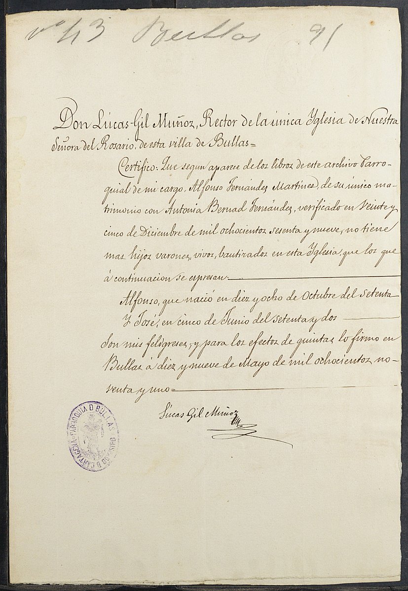 Expediente justificativo de la excepción del servicio militar de José Fernández Bernad, mozo del reemplazo de 1891 de Bullas.