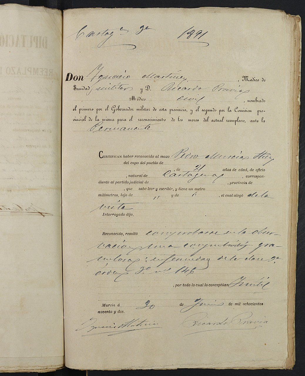 Expediente General de Reclutamiento y Reemplazo de Cartagena. Año 1891.