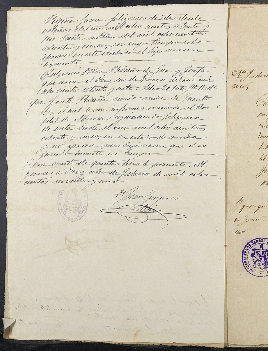 Expediente justificativo de la excepción del servicio militar de José Ortiz Pedreño, mozo del reemplazo de 1891 de Cartagena.