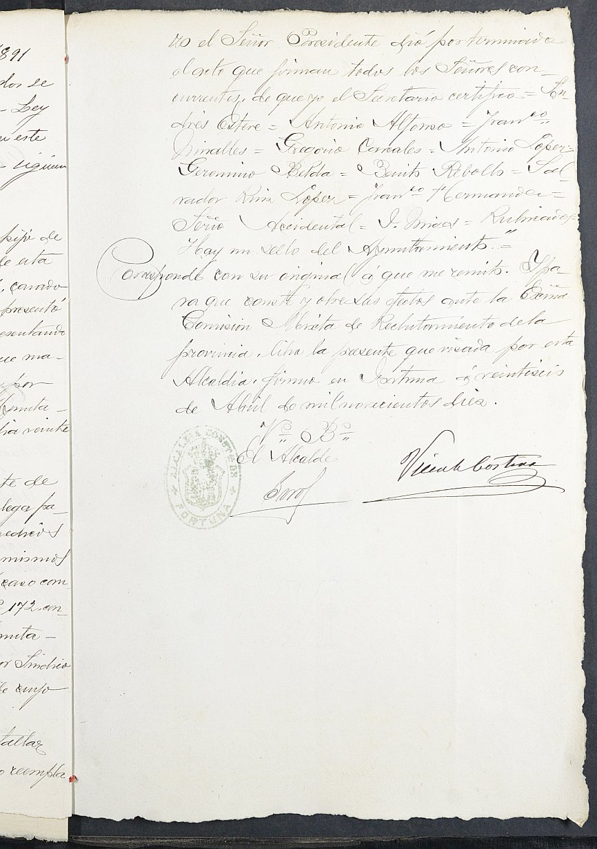 Copia certificada del acta de revisión realizada por el Ayuntamiento de Fortuna a la excepción alegada Benito Soler Fernández, mozo del reemplazo de 1891.