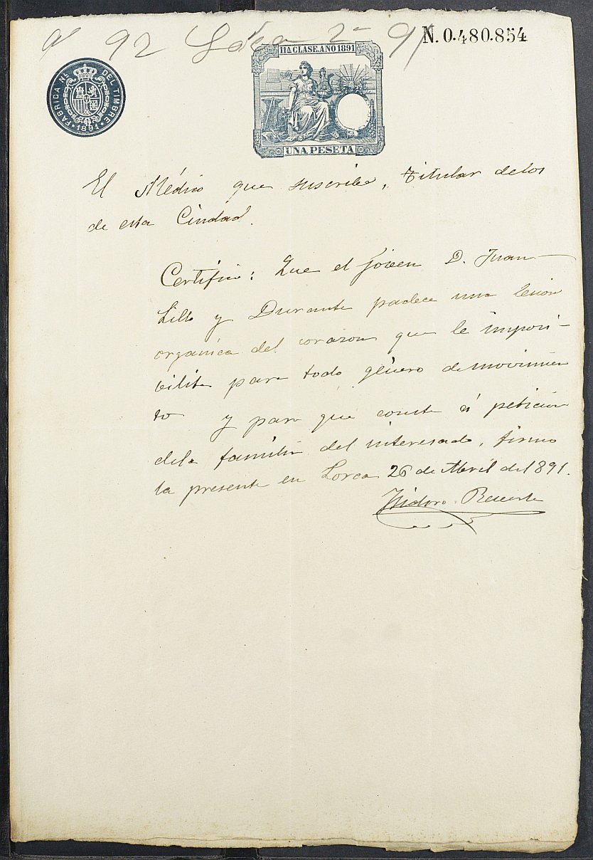 Expediente General de Reclutamiento y Reemplazo de Lorca. Año 1891. 