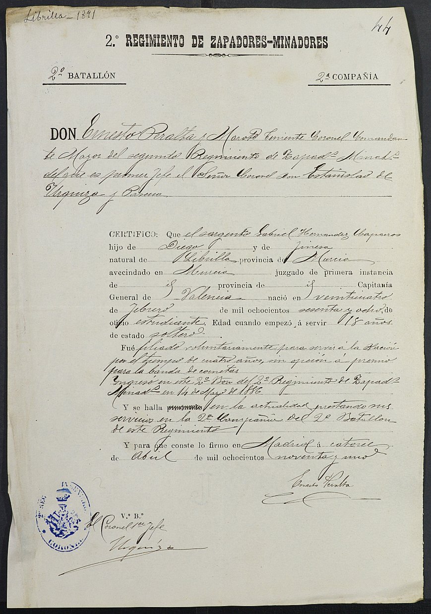 Certificado de servicio como voluntario del Ejército de Gabriel Hernández Caparrós para la excepción del servicio militar, mozo del reemplazo de 1891 de Librilla.