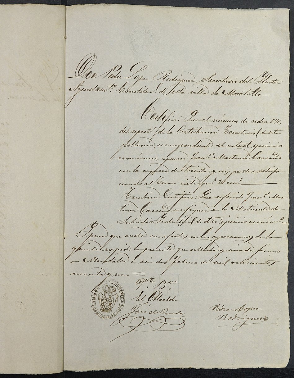 Expediente justificativo de la excepción del servicio militar de Pascual Martínez Martínez, mozo del reemplazo de 1891 de Moratalla.