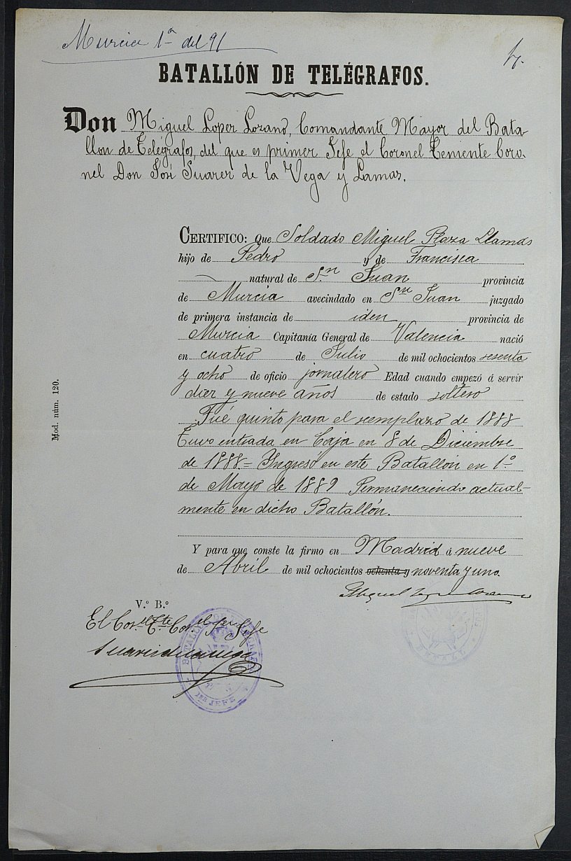 Expediente justificativo de la excepción del servicio militar de José Plaza Llamas, mozo del reemplazo de 1891 de Murcia.