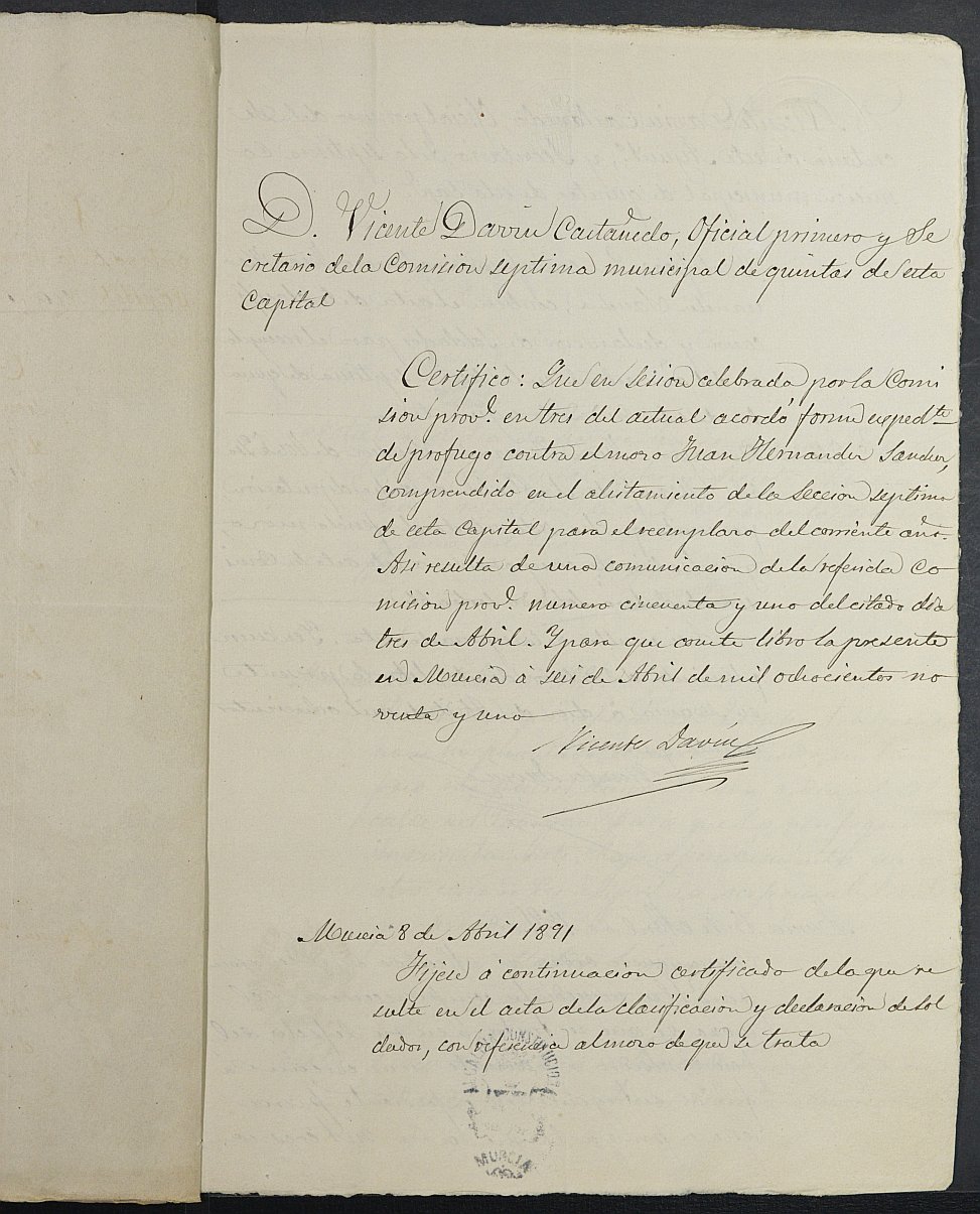 Expediente de declaración de prófugo de Juan Hernández Sánchez, mozo del reemplazo de 1891 de Murcia.