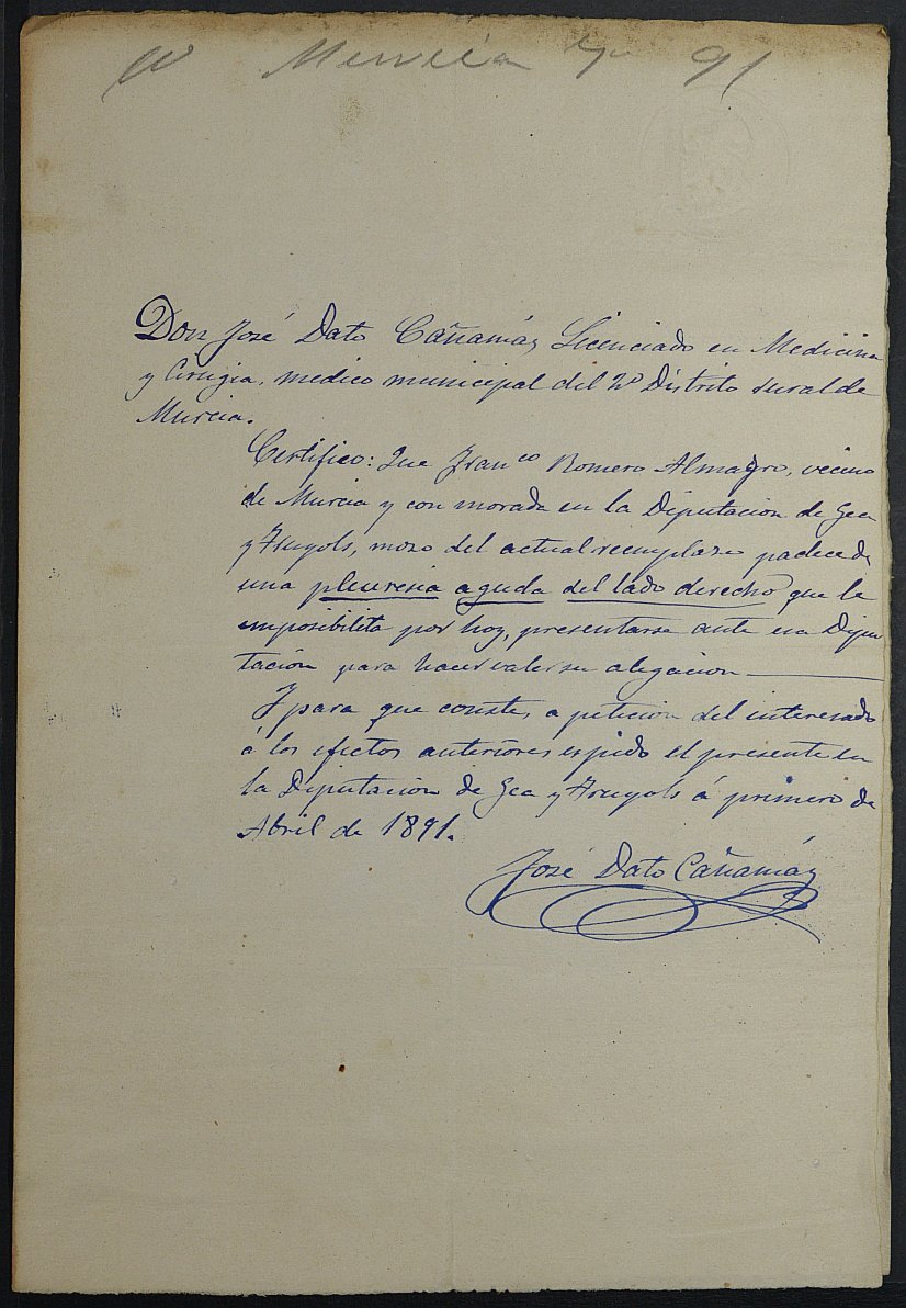 Expediente General de Reclutamiento y Reemplazo de Murcia. Año 1891.