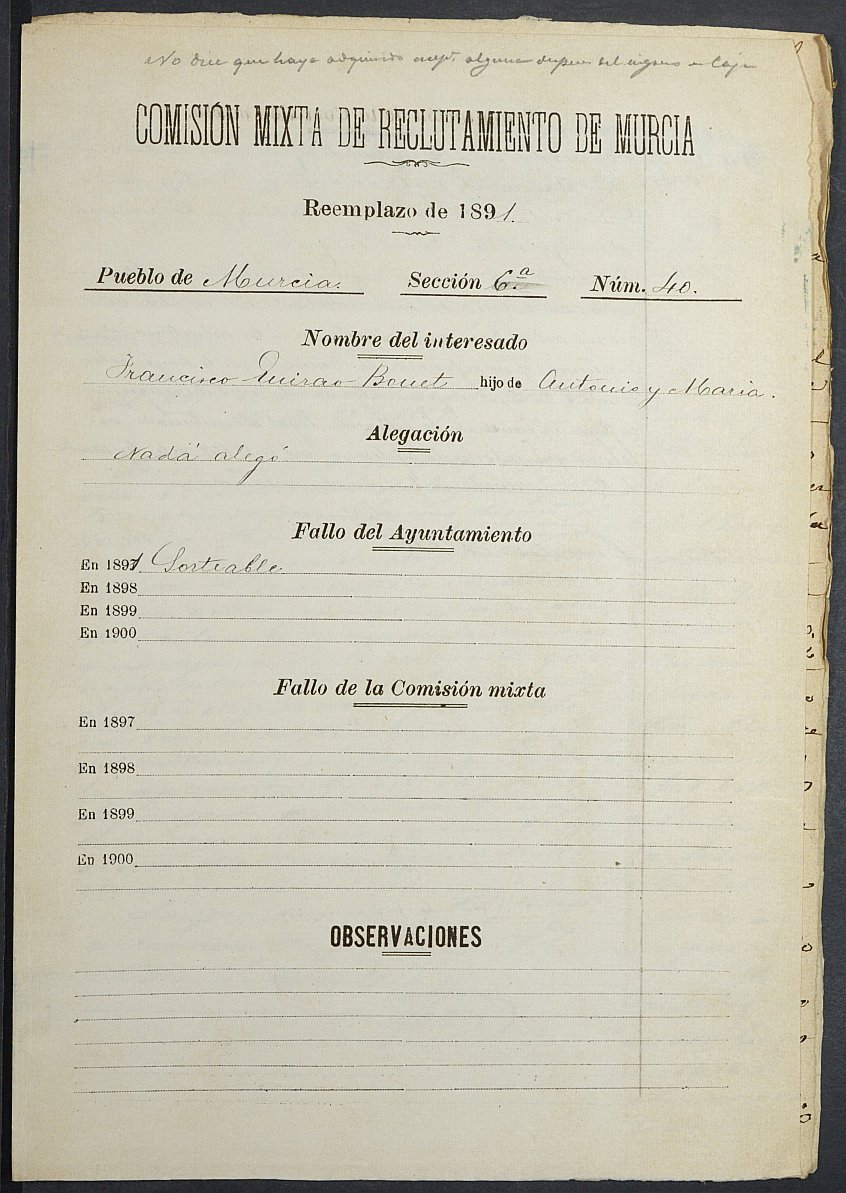 Expediente justificativo de la excepción del servicio militar de Francisco Guirao Benet, mozo del reemplazo de 1891 de Murcia.