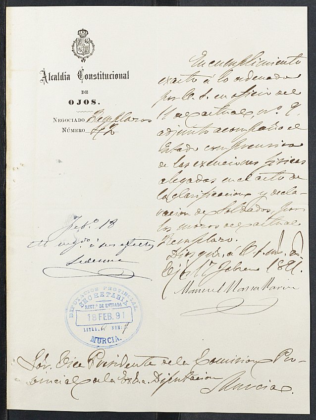 Expediente General de Reclutamiento y Reemplazo de Ojós. Año 1891.