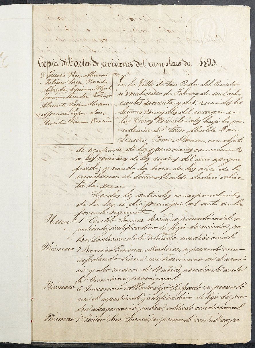 Copia certificada del expediente general de Quintas del Ayuntamiento de San Pedro del Pinatar del reemplazo de 1891.