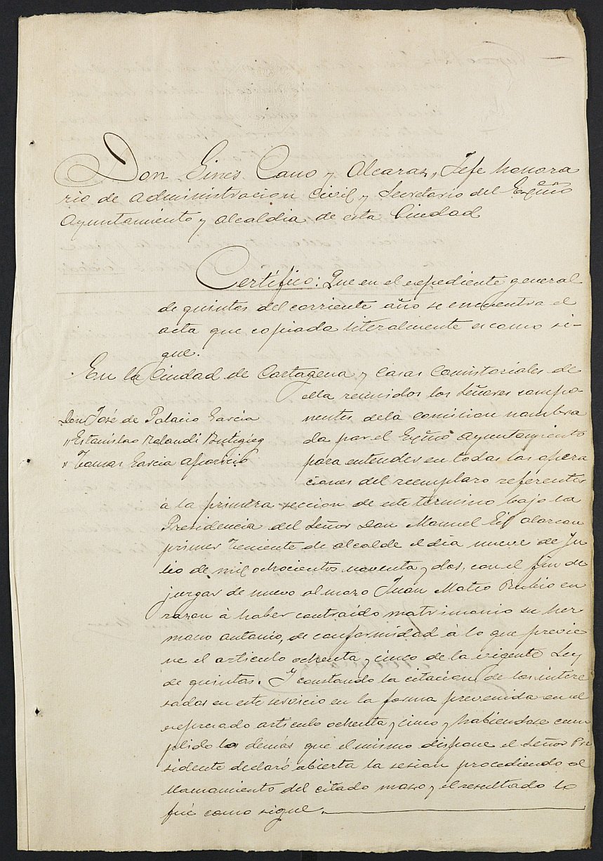 Copia certificada del expediente general de Quintas de la Sección 1ª del Ayuntamiento de Cartagena del reemplazo de 1892.