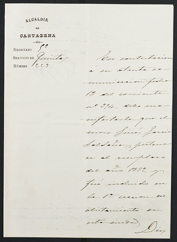 Expediente justificativo de la excepción del servicio militar de Ginés García Saldaña, mozo del reemplazo de 1892 de Cartagena.