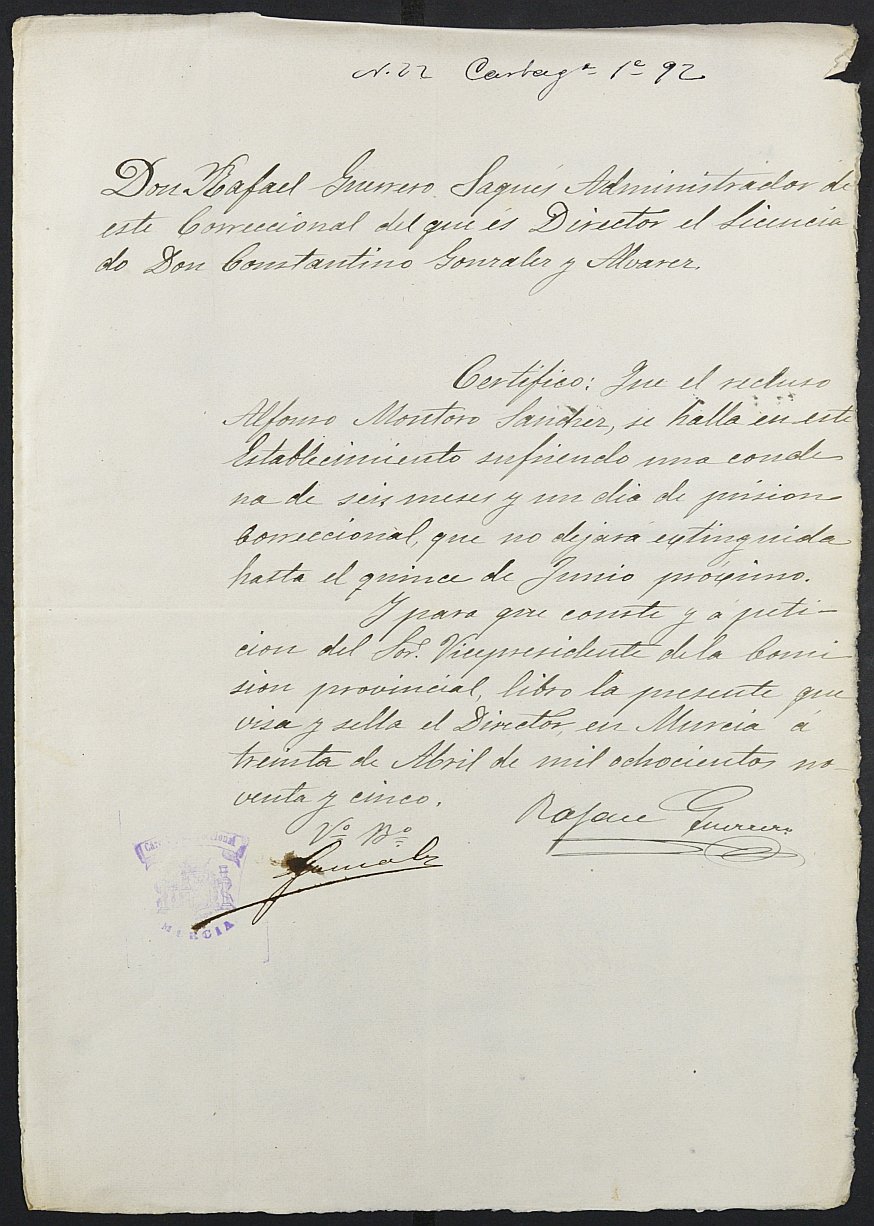 Certificado de encarcelamientode Alfonso Montoro Sánchez para la excepción del servicio militar, mozo del reemplazo de 1892 de Cartagena.