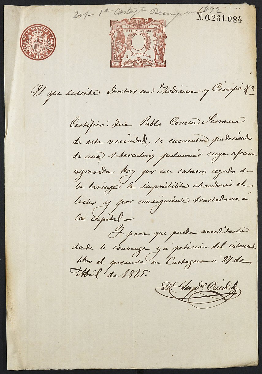 Certificado médico de Pablo Conesa Serrano para la excepción del servicio militar, mozo del reemplazo de 1892 de Cartagena.