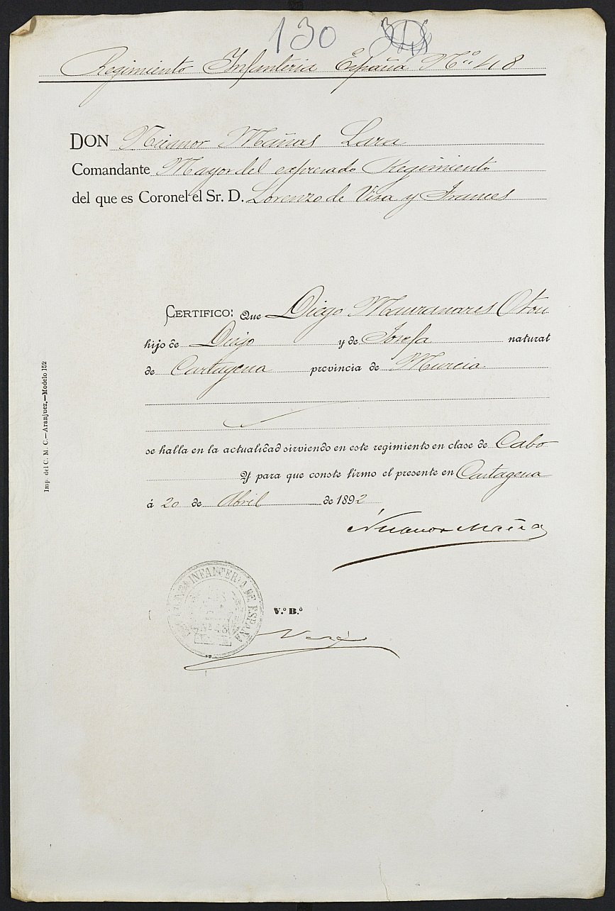 Certificado de servicio como voluntario del Ejército de Diego Manzanares Otón para la excepción del servicio militar,mozo del reemplazo de 1892 de Cartagena.
