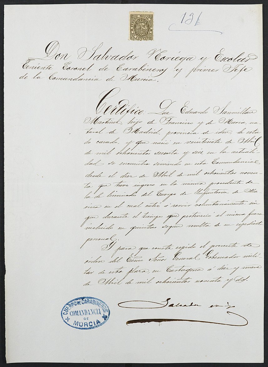 Certificado de servicio como voluntario del Ejército de Eduardo Sanmillán Martínez para la excepción del servicio militar, mozo del reemplazo de 1892 de Cartagena.
