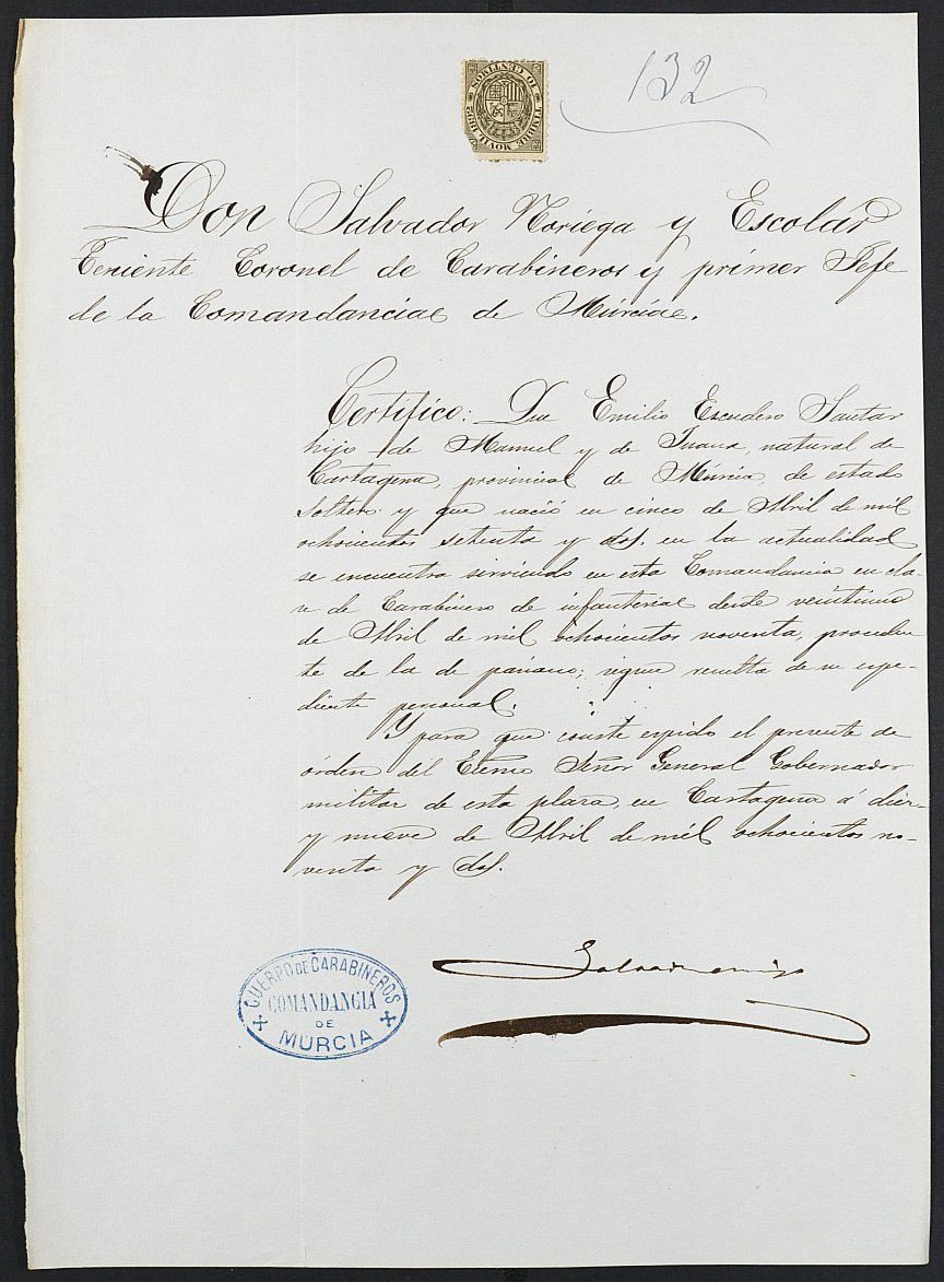 Certificado de servicio como voluntario del Ejército de Emilio Escudero Santa para la excepción del servicio militar, mozo del reemplazo de 1892 de Cartagena.