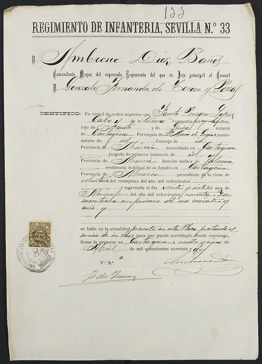 Certificado de servicio como voluntario del Ejército de Fausto Peragón López para la excepción del servicio militar, mozo del reemplazo de 1892 de Cartagena.