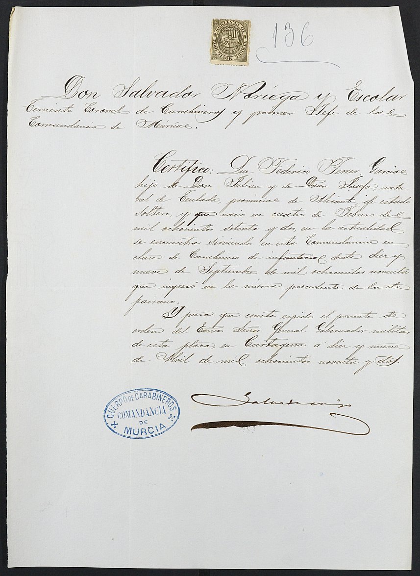 Certificado de servicio como voluntario del Ejército de Federico Ferrer García para la excepción del servicio militar, mozo del reemplazo de 1892 de Cartagena.