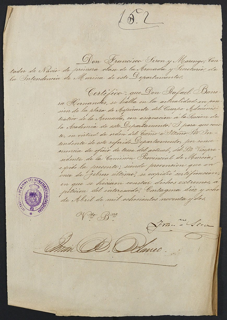 Certificado de servicio como voluntario del Ejército de Rafael Barrera Hernándezpara la excepción del servicio militar, mozo del reemplazo de 1892 de Cartagena.
