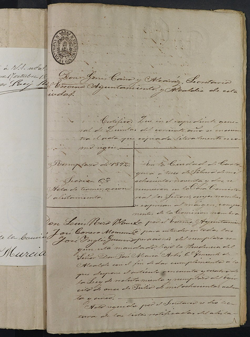 Copia certificada del expediente general de Quintas de la Sección 6ª del Ayuntamiento de Cartagena del reemplazo de 1892.