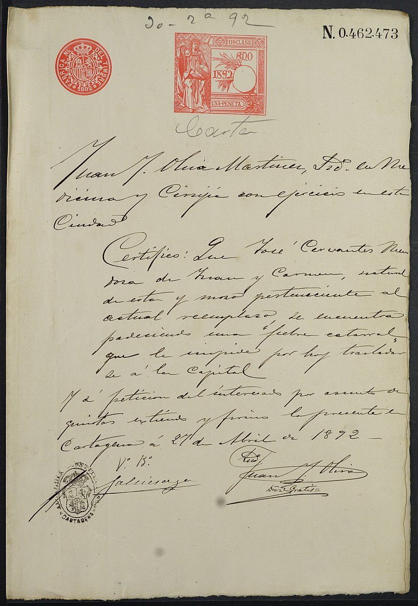 Certificados médicos de José Cervantes Mendoza para la excepción del servicio militar, mozomozo del reemplazo de 1891 del Ayuntamiento de Cartagena.