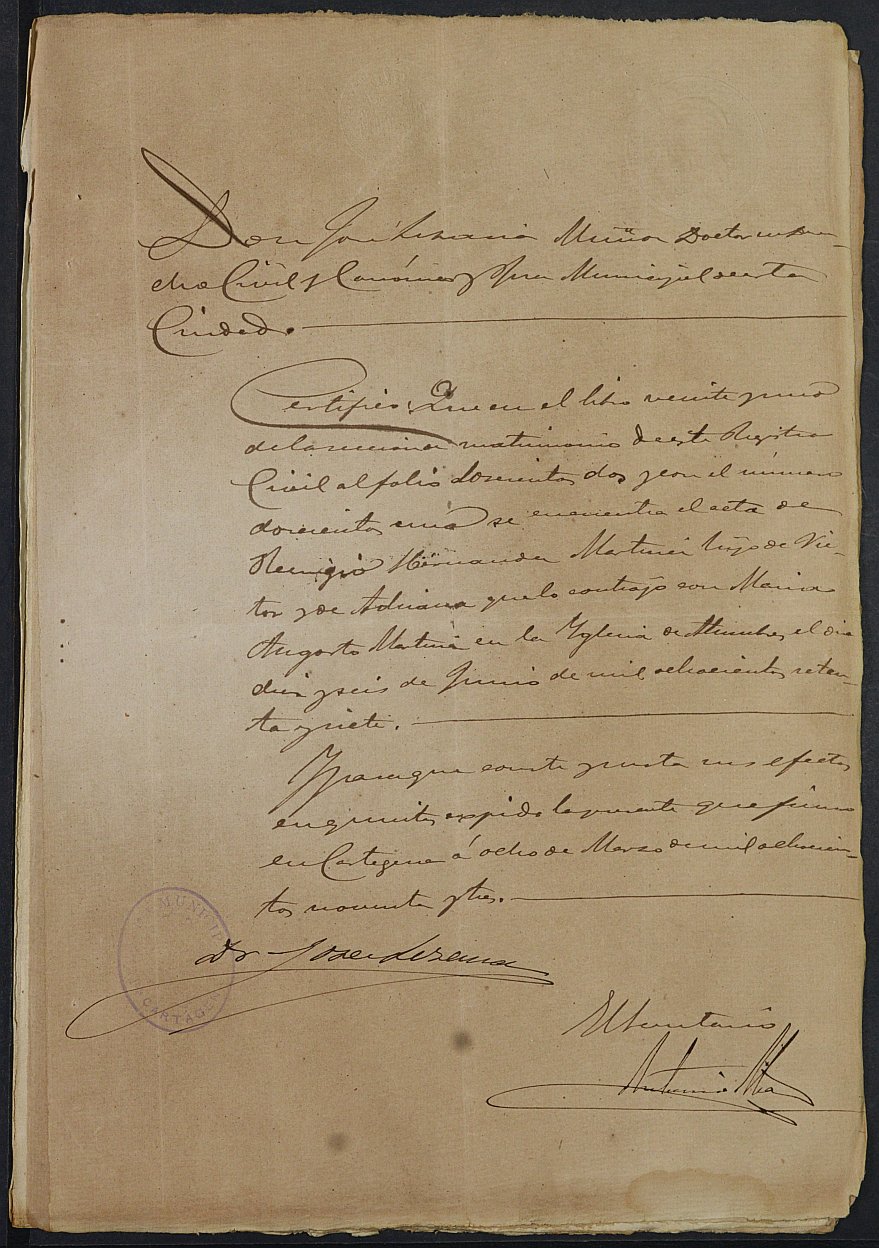 Expediente justificativo de la excepción del servicio militar de Antonio Hernández Martínez, mozo del reemplazo de 1892 de Cartagena.