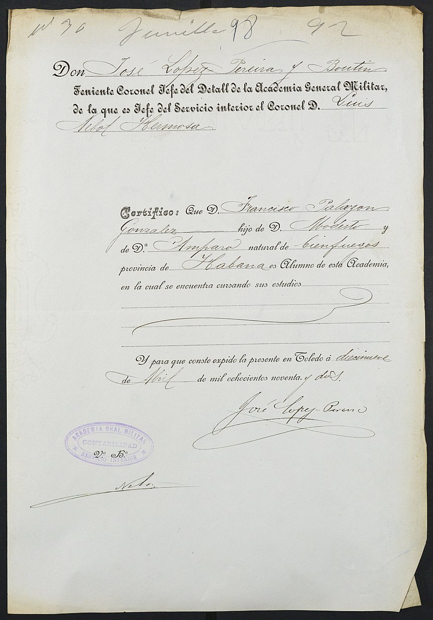 Certificado de alumno de Academia Militar de Francisco Palazón González para la excepción del servicio militar, mozo del reemplazo de 1892 de Jumilla.