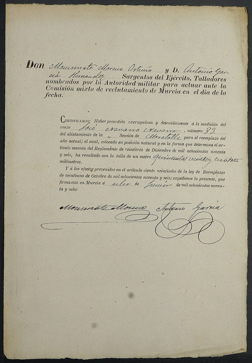 Certificado de tallaje de José Navarro Navarro para la excepción del servicio militar, mozo del reemplazo de 1892 de Moratalla.