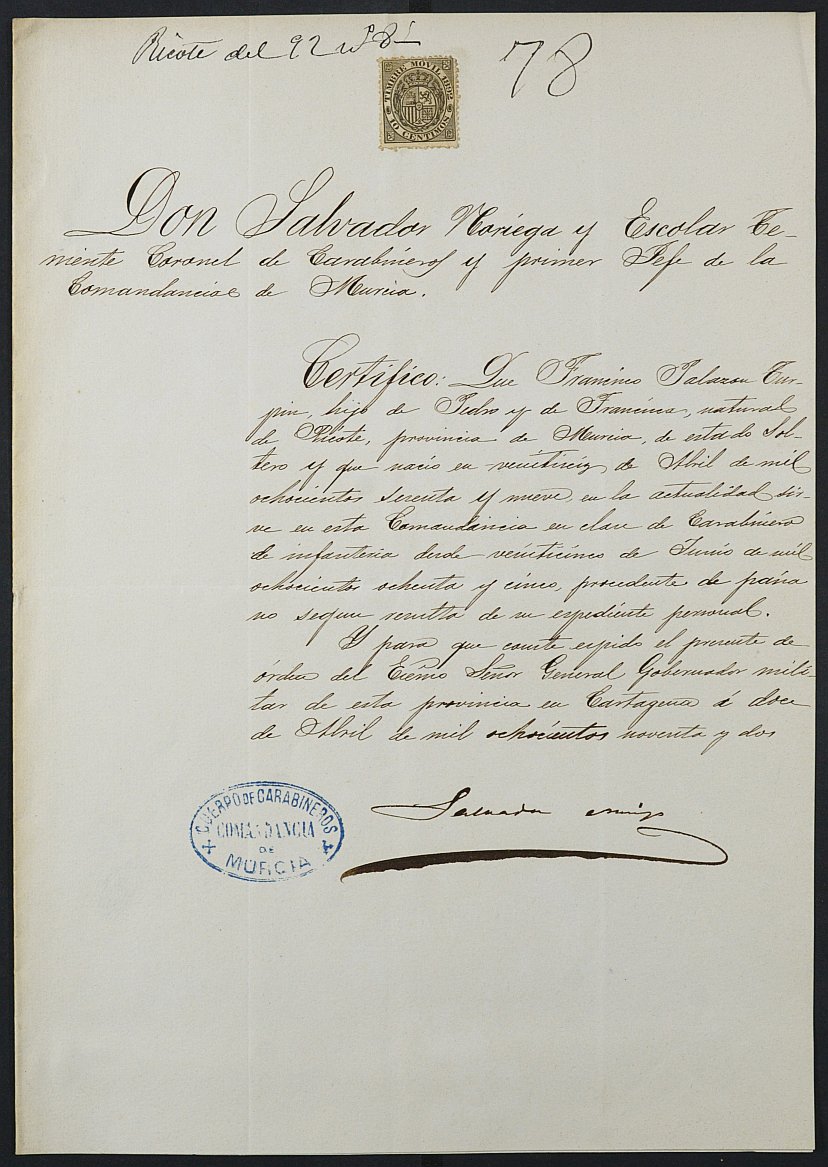 Certificado de servicio como voluntario en el Ejército de Francisco Palazón Turpín, mozo del reemplazo de 1892 de Ricote.