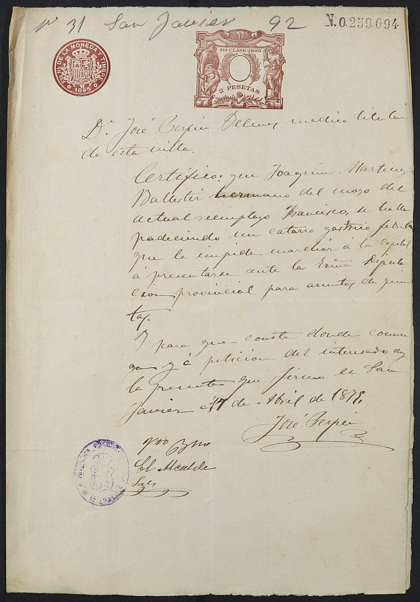 Certificado médico de Joaquín Martínez Ballester par la excepción del servicio militar, mozo del reemplazo de 1892 de San Javier.
