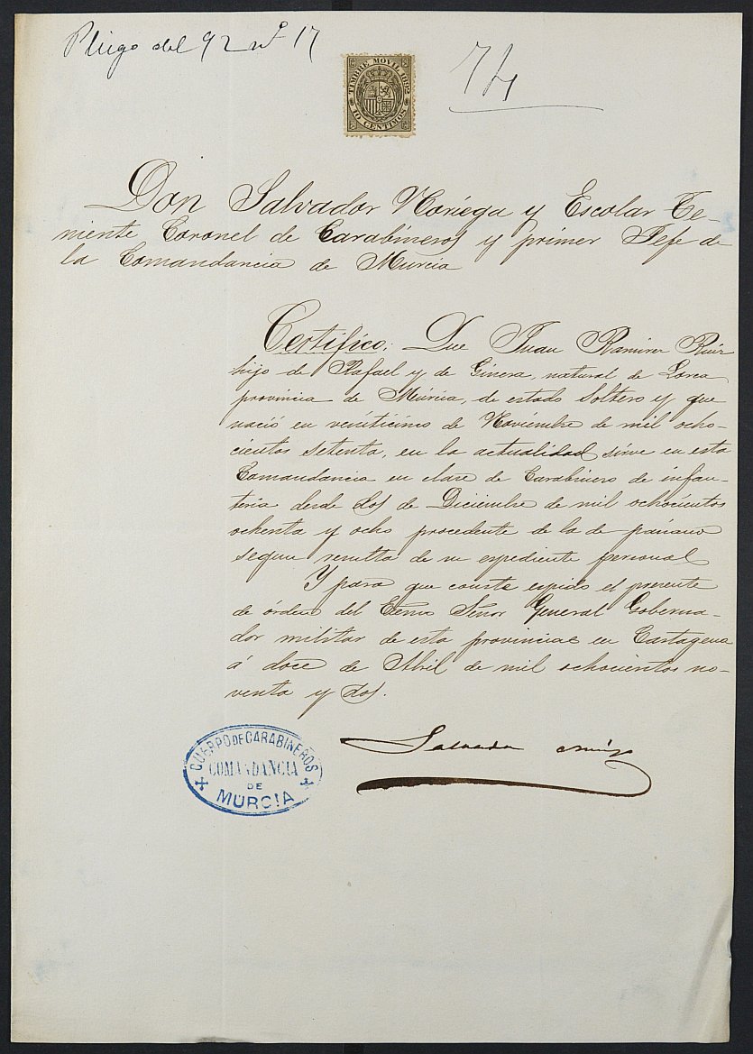 Certificado de servicios como voluntario del Ejército de Juan Ramírez Ruiz para la excepción del servicio militar, mozo del reemplazo de 1892 de Pliego.