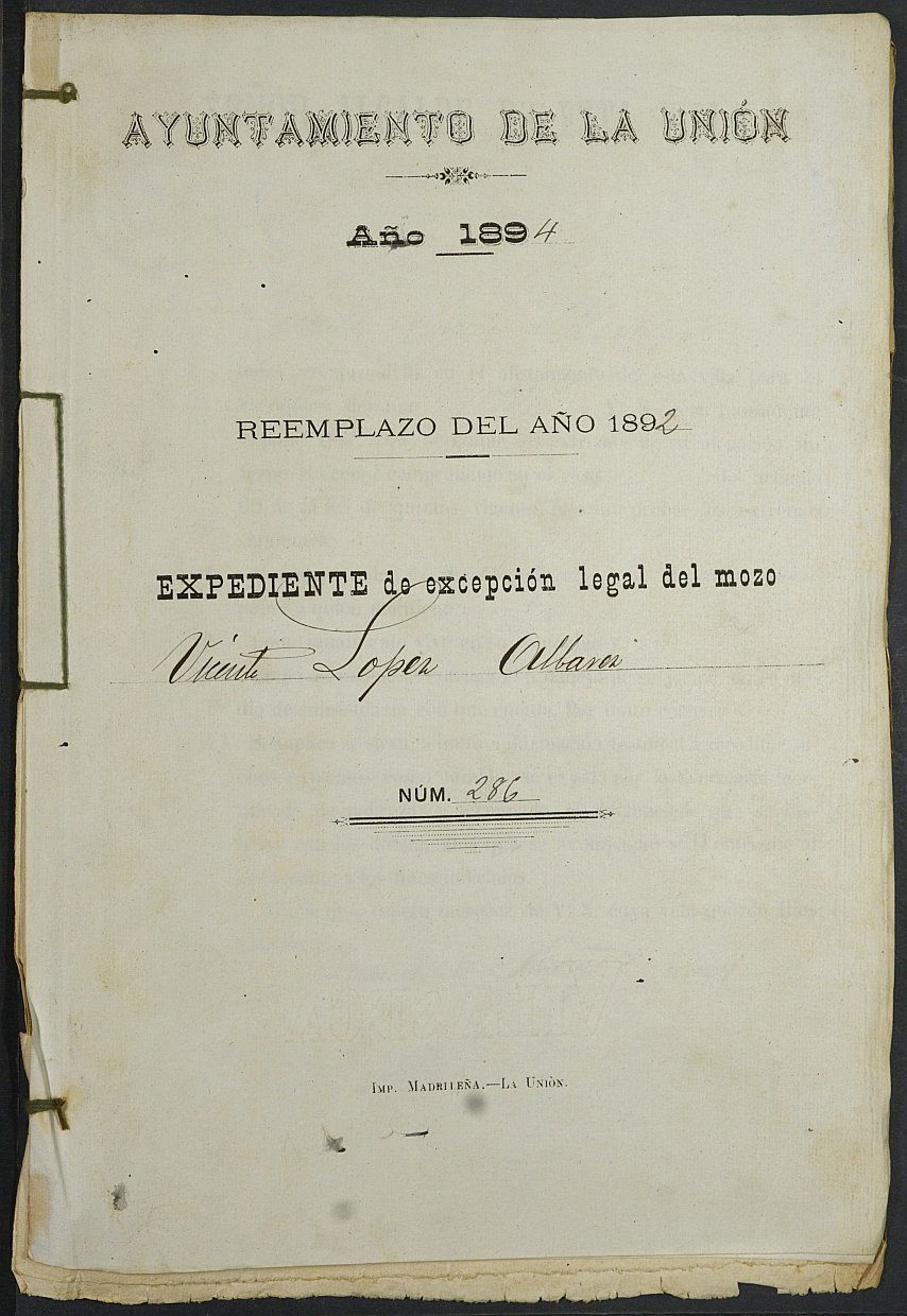 Expediente General de Reclutamiento y Reemplazo de La Unión. Año 1892.