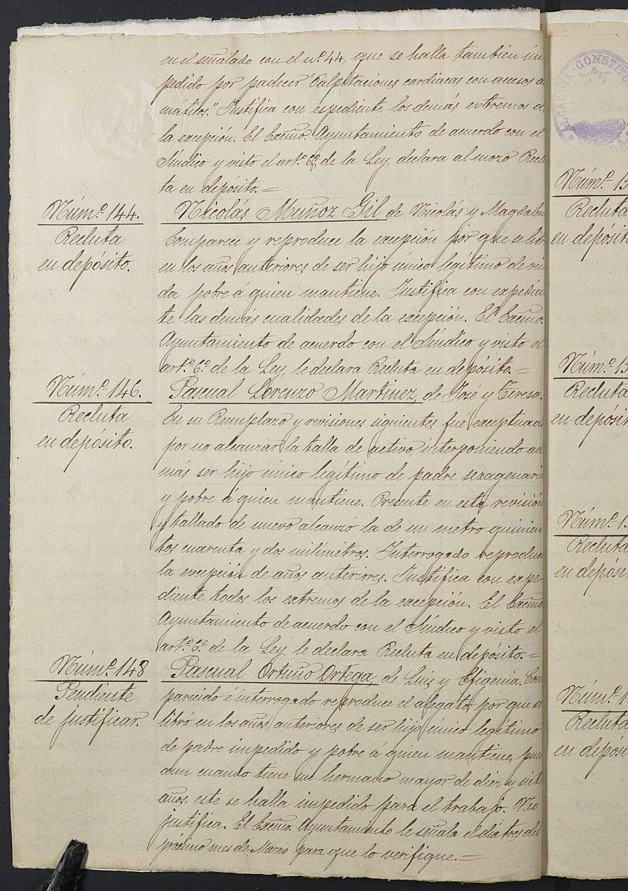 Copia certificada del expediente general de Quintas del Ayuntamiento de Yecla del reemplazo de 1892.