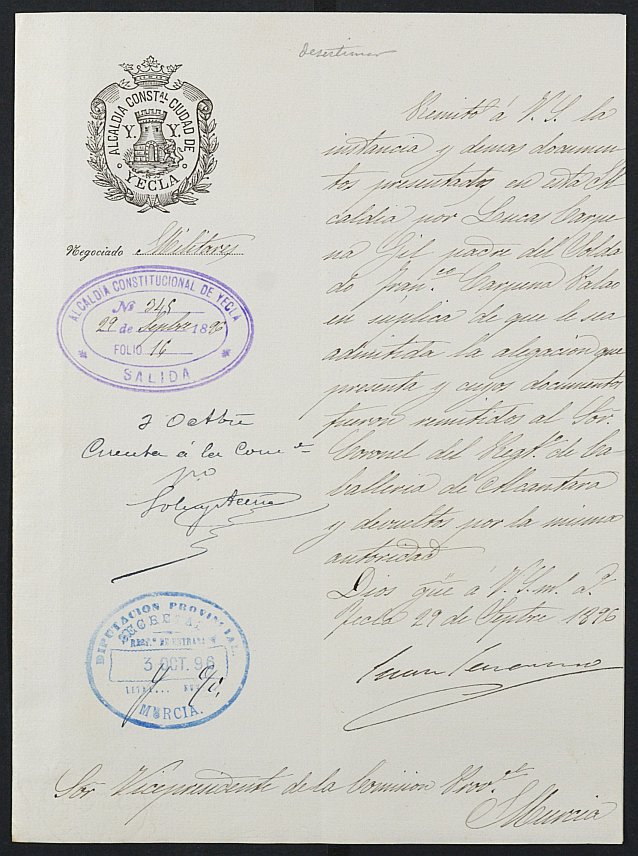 Expediente justificativo de la excepción del servicio militar de Francisco Carpena Palao, mozo del reemplazo de 1892 de Yecla.