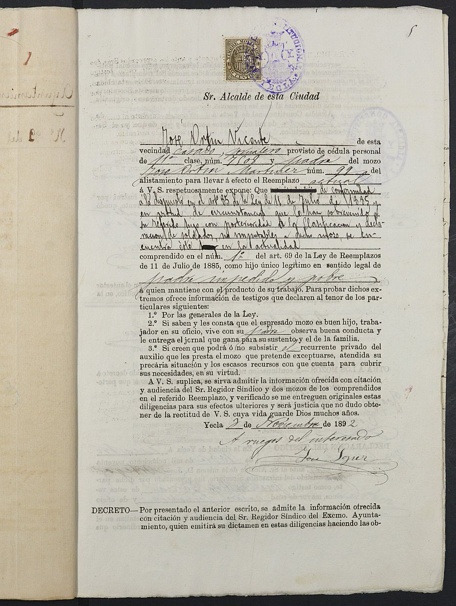 Expediente justificativo de la excepción del servicio militar de José Ortín Martínez, mozo del reemplazo de 1892 de Yecla.