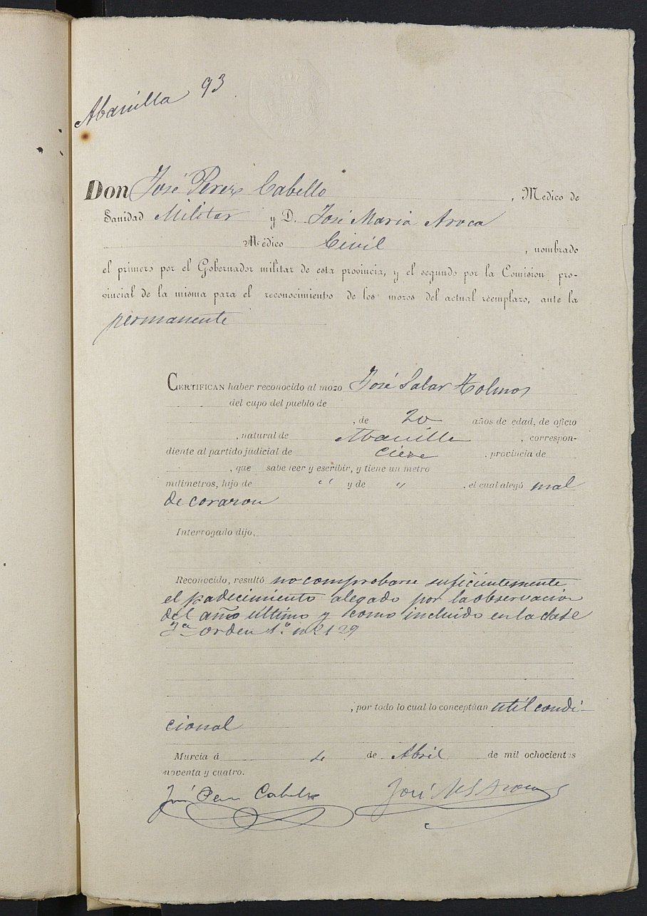 Copia certificada del expediente general de Quintas del Ayuntamiento de Abanilla del reemplazo de 1893.