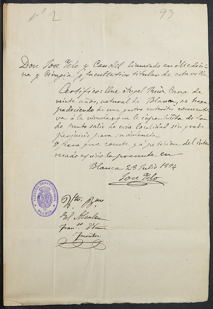 Certificado médico de Ángel Ruiz Cano para la excepción del servicio militar, mozo del reemplazo de 1893 del Ayuntamiento Blanca.