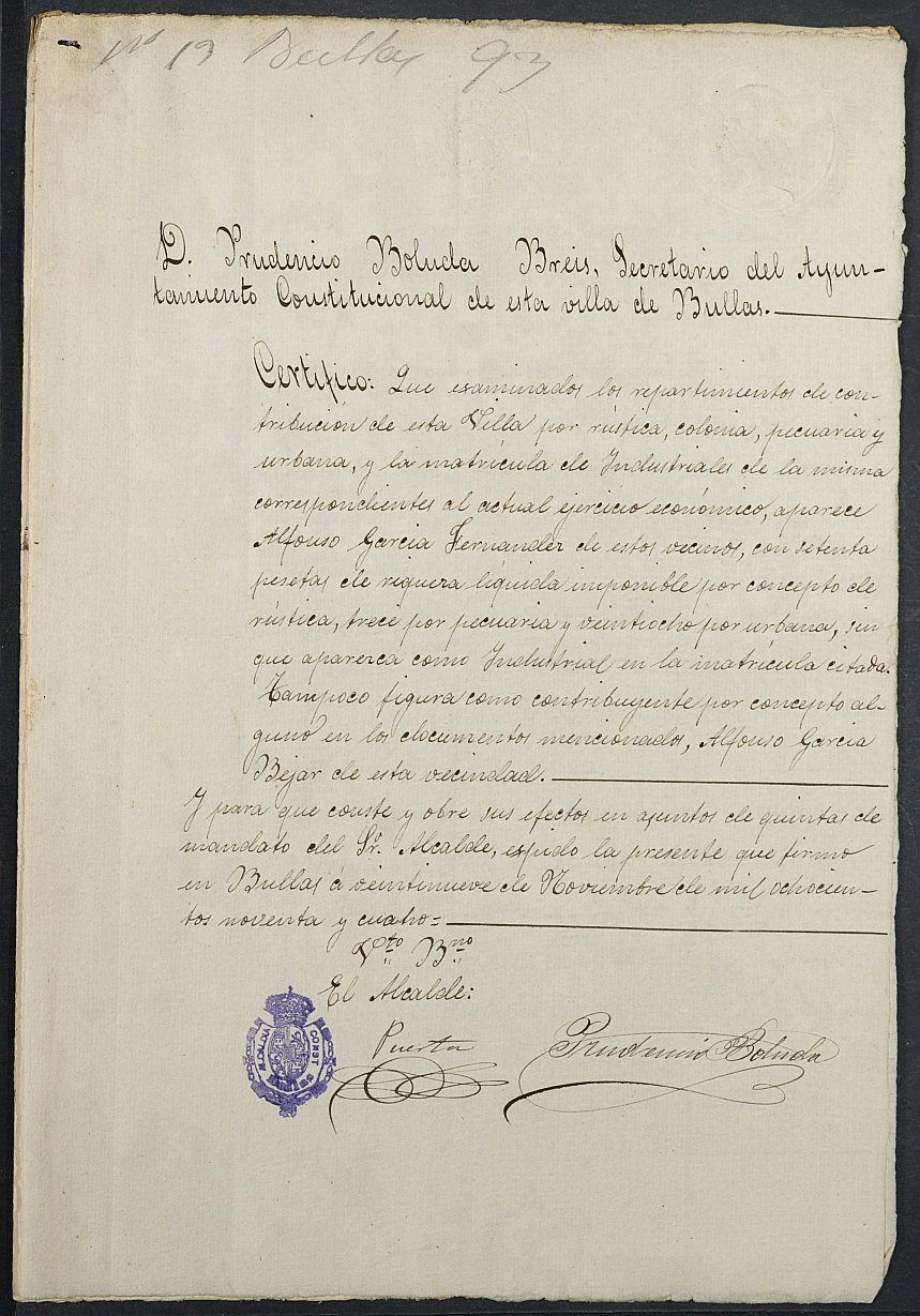 Expediente justificativo de la excepción del servicio militar de Antonio García Béjar, mozo del reemplazo de 1893 de Bullas.