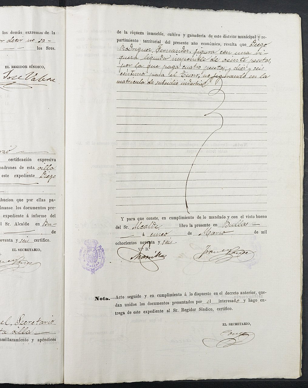 Expediente justificativo de la excepción del servicio militar de José Rodríguez (ilegible), mozo del reemplazo de 1893 de Bullas.
