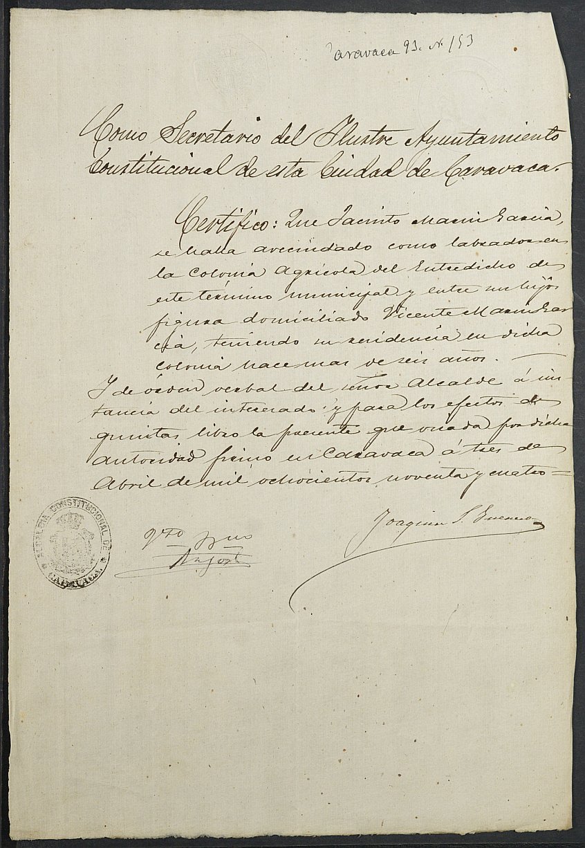 Certificado de habitante de colonia agrícola de Jacinto Marín García para la excepción del servicio militar, mozo del reemplazo de 1893 de Caravaca de la Cruz.