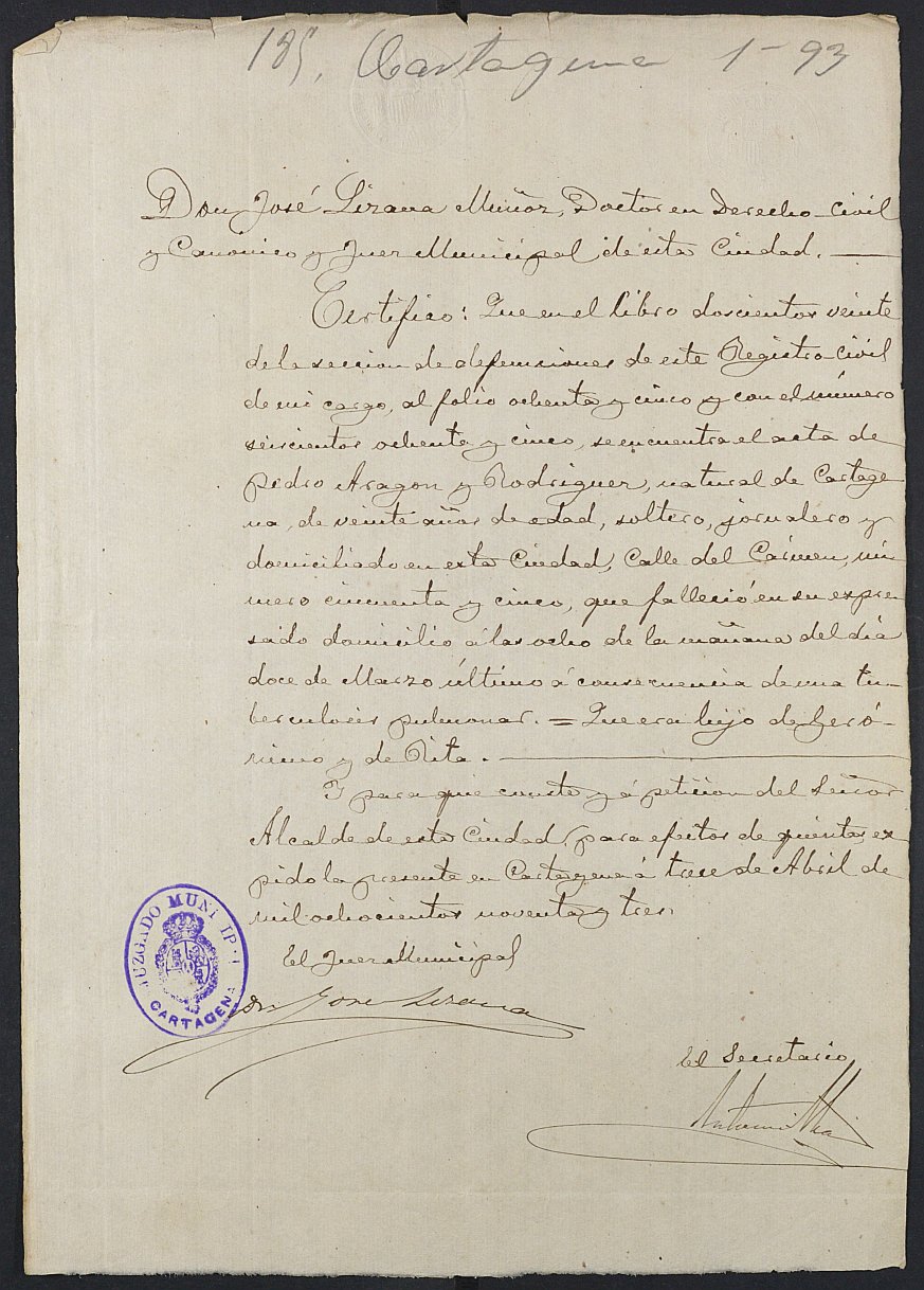 Certificado de defunción de Pedro Aragón Rodríguez para la excepción del servicio militar, mozo del reemplazo de 1893 de Cartagena.