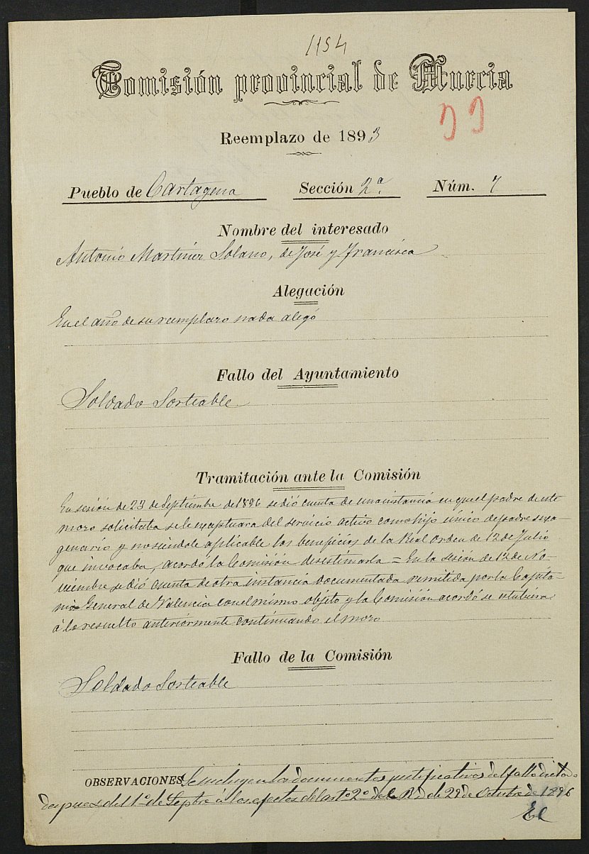 Expediente justificativo de la excepción del servicio militar de Antonio Martínez Solero, mozo del reemplazo de 1893 de Cartagena.
