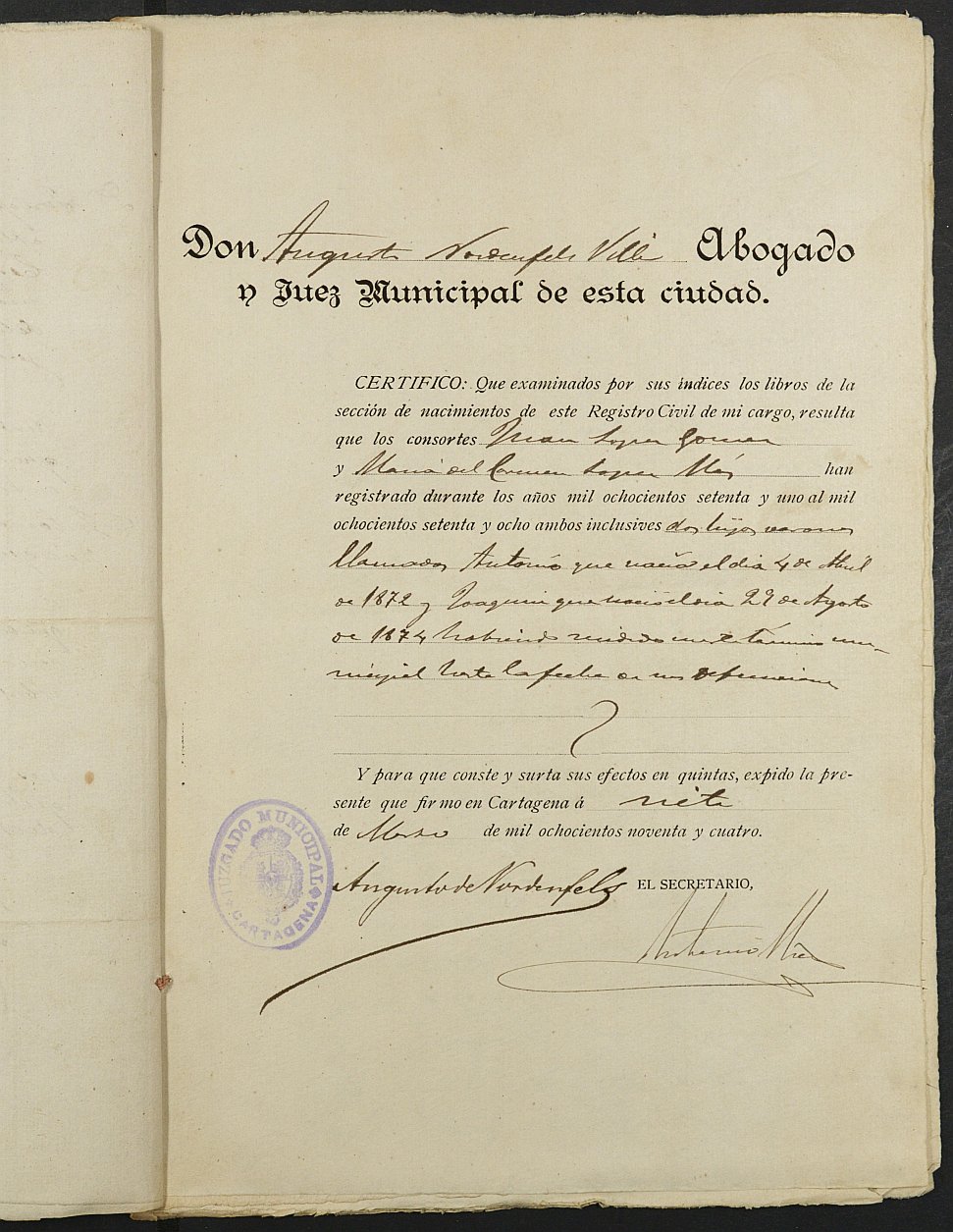 Expediente justificativo de la excepción del servicio militar de Joaquín López López, mozo del reemplazo de 1893 de Cartagena.