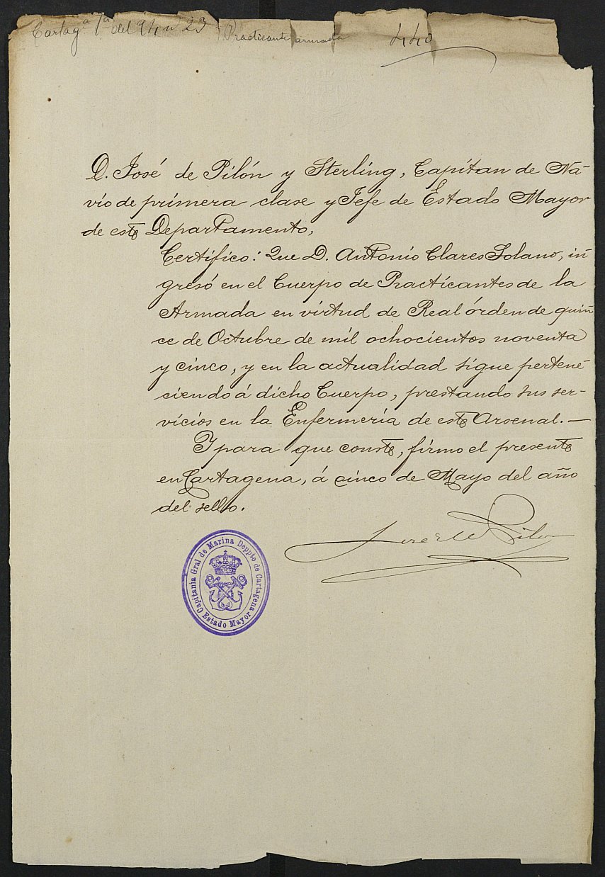 Certificado de servicio como voluntario del Ejército de Antonio Clares Sáez para la excepción del servicio militar, mozo del reemplazo de 1893 de Cartagena.