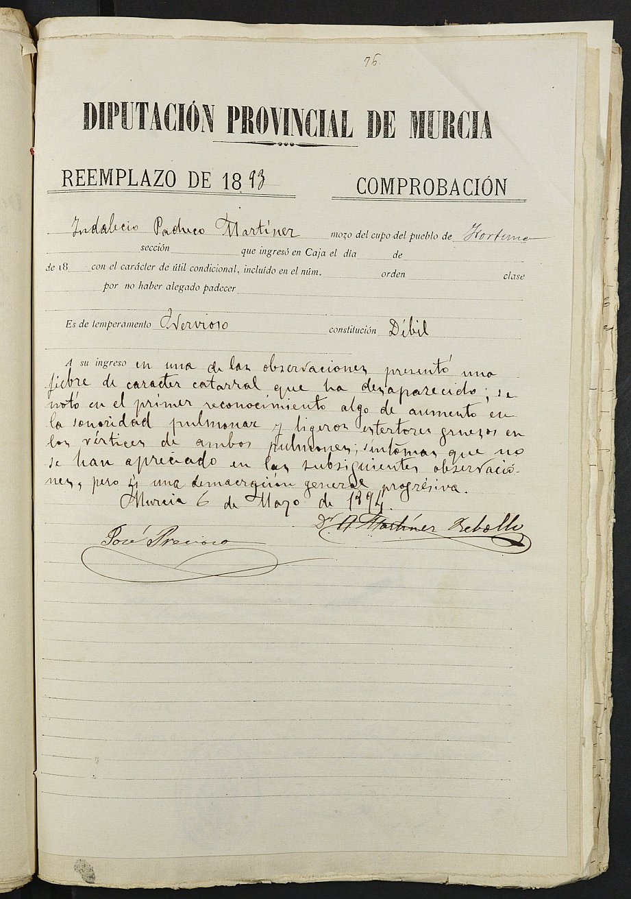 Copia certificada del expediente general de Quintas del Ayuntamiento de Fuente Álamo del reemplazo de 1893.