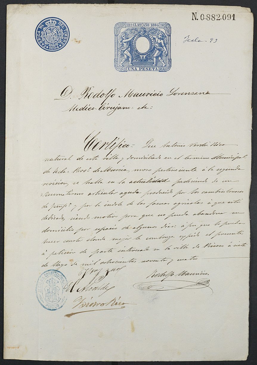 Certificado médico de Antonio Verdú Rico para la excepción del servicio militar, mozo del reemplazo de 1893 de Yecla.